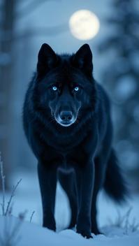 white theme, A close up portrait of a black wolf with ice blue eyes, standing in a snowy forest under the full moon, with frost covered trees in the background