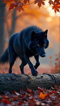prussian blue theme, A dynamic image of a black wolf leaping over a log, surrounded by autumn leaves in a variety of colors, with a sunset backdrop