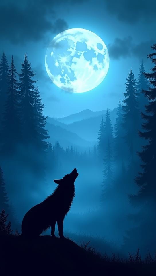 powder blue theme, A black wolf silhouette howling at the moon, with a eerie dark forest and misty valley in the background