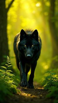 yellow theme, A black wolf prowling through a dense, lush green forest, with rays of sunlight filtering through the canopy