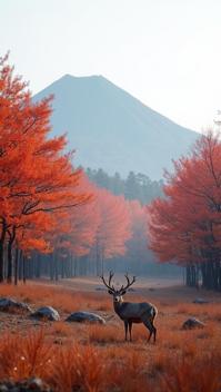slate grey theme, A serene autumn morning on Jeju Island, featuring the vivid orange and red foliage of the Gotjawal Forest, with the iconic Mt Halla in the background