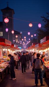 plum theme, The bustling Jeju City night market under the soft glow of string lights, with vibrant street food stalls, smiling locals