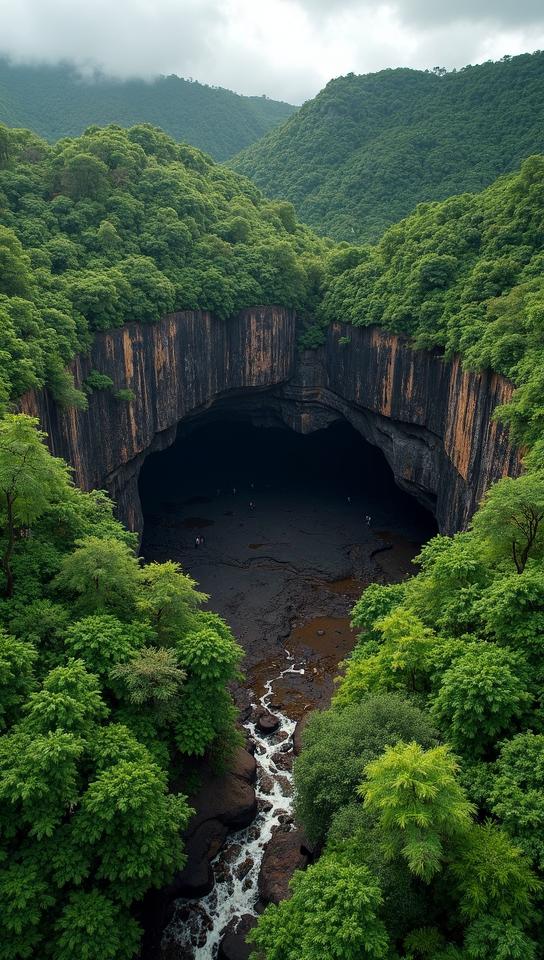 pumpkin theme, A breathtaking aerial view of the Manjanggul Lava Tube, showcasing the unique geological formations and the lush green landscape surrounding the UNESCO World Heritage site