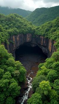 pumpkin theme, A breathtaking aerial view of the Manjanggul Lava Tube, showcasing the unique geological formations and the lush green landscape surrounding the UNESCO World Heritage site