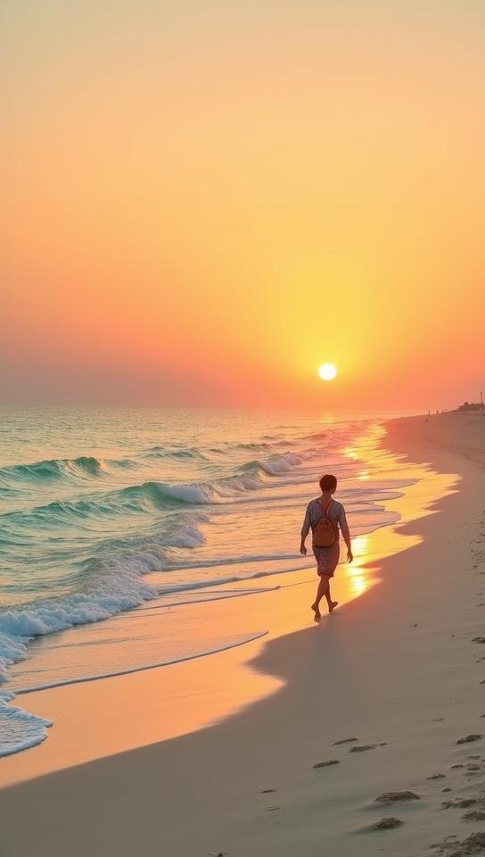 safety orange theme, A tranquil sunset at Hyeopjae Beach, with the crystal clear turquoise waters gently lapping against the white sandy shore, and the silhouette of a traditional Haenyeo diver walking along the beach