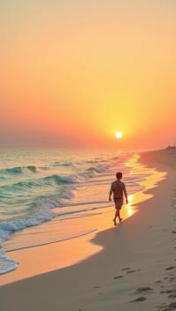 safety orange theme, A tranquil sunset at Hyeopjae Beach, with the crystal clear turquoise waters gently lapping against the white sandy shore, and the silhouette of a traditional Haenyeo diver walking along the beach