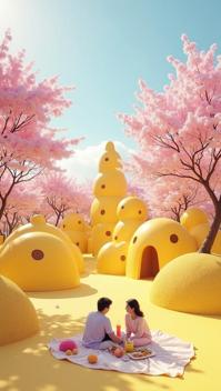 lemon chiffon theme, A whimsical scene of the Jeju Loveland sculpture park, featuring the playful and romantic art installations, with the cherry blossom trees in full bloom