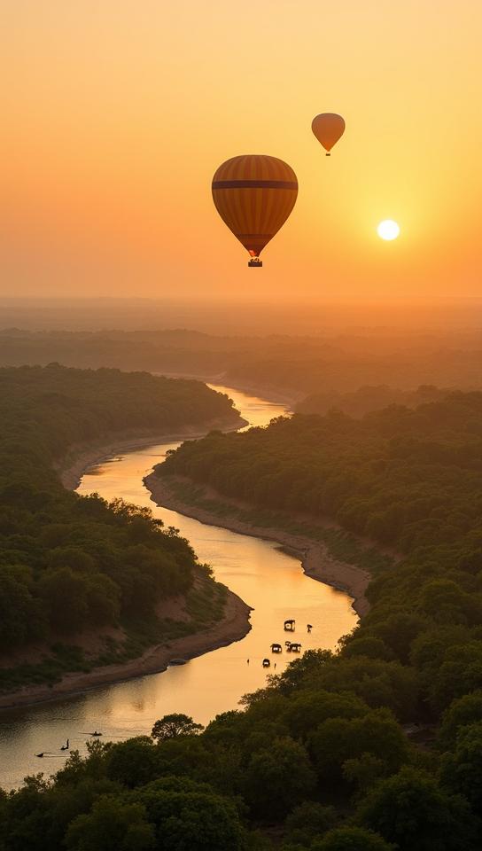 terra cotta theme, A hot air balloon floating over the lush, winding waterways of Africa s Okavango Delta at sunrise, with aerial views of elephants