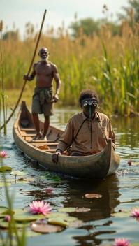 olive theme, A close up of a traditional wooden mokoro canoe gliding through the reeds of the Okavango Delta, with a local poler standing at the back, and a tourist sitting in front with binoculars