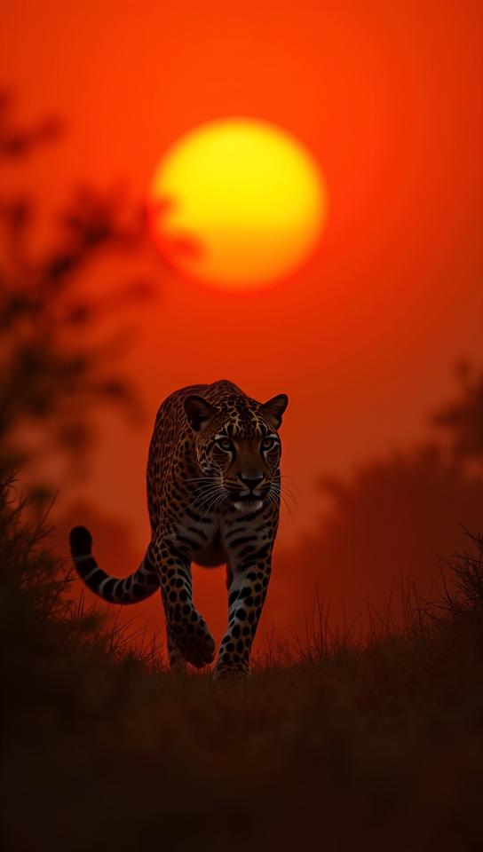cream theme, A dramatic scene of a leopard stalking its prey at dusk in the Okavango Delta, with the silhouette of African wildlife in the background against a fiery orange and red sunset