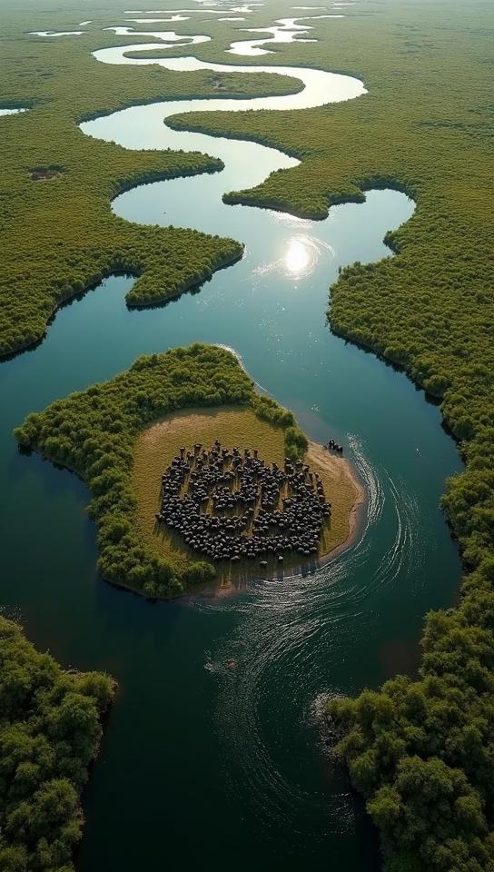 platinum theme, An intricate aerial view of the Okavango Delta s winding, sparkling water channels interspersed with lush green islands, and a herd of buffalo gathering at a watering hole