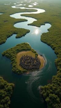 platinum theme, An intricate aerial view of the Okavango Delta s winding, sparkling water channels interspersed with lush green islands, and a herd of buffalo gathering at a watering hole