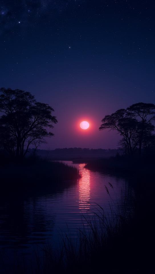 ruby theme, A serene nighttime scene of the Okavango Delta, with a star filled sky reflecting on the calm waterways, a full moon rising above the horizon