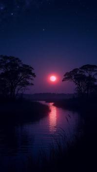 ruby theme, A serene nighttime scene of the Okavango Delta, with a star filled sky reflecting on the calm waterways, a full moon rising above the horizon