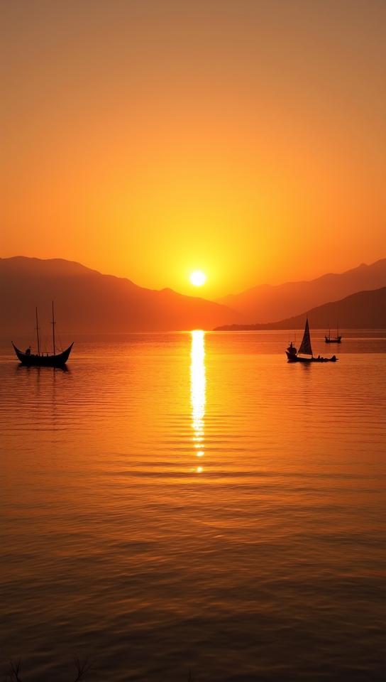 corn theme, A serene sunset over Lake Titicaca, with the golden sun dipping below the horizon, traditional balsa wood boats floating calmly