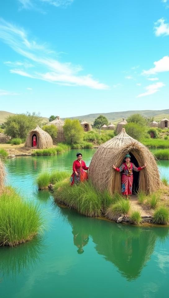 forest green theme, The vibrant colors of Puno s Uros floating islands on Lake Titicaca, featuring intricately woven reed houses, smiling locals in traditional dress