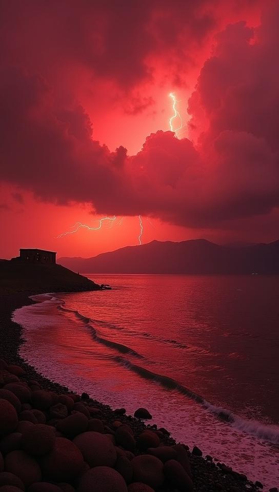 red theme, A dramatic stormy scene at Lake Titicaca, with dark clouds gathering, lightning striking over the distant Bolivian peaks