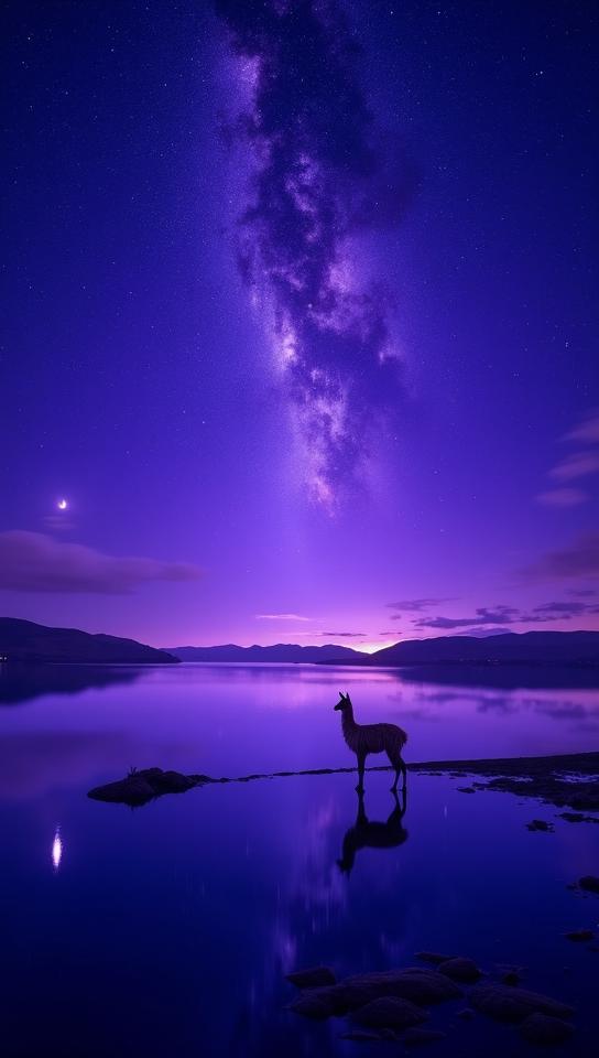 purple theme, The mystical night sky over Lake Titicaca, showcasing the Milky Way galaxy reflected on the mirror like water, a crescent moon