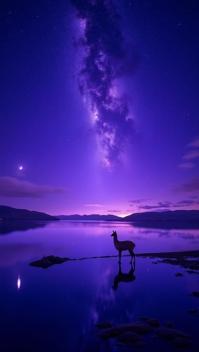 purple theme, The mystical night sky over Lake Titicaca, showcasing the Milky Way galaxy reflected on the mirror like water, a crescent moon