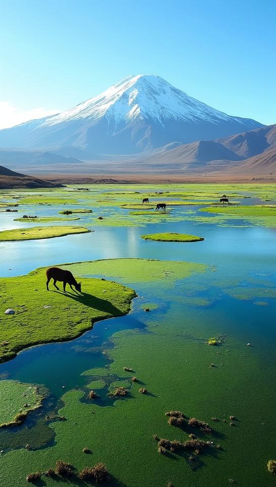 asparagus theme, An aerial view of Lake Titicaca s unique ecosystem, featuring the diverse patchwork of green blue algae and plant formations on the water s surface, with a group of vicu as grazing on the lush green banks