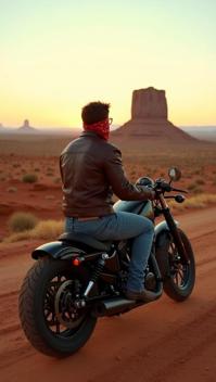 heliotrope theme, A vintage Harley Davidson Fat Boy parked on a dusty road at sunset, with a lone rider sitting on it wearing a classic leather jacket and a faded blue jeans, a red bandana around the forehead looking at the vast empty landscape of Monument Valley in the background