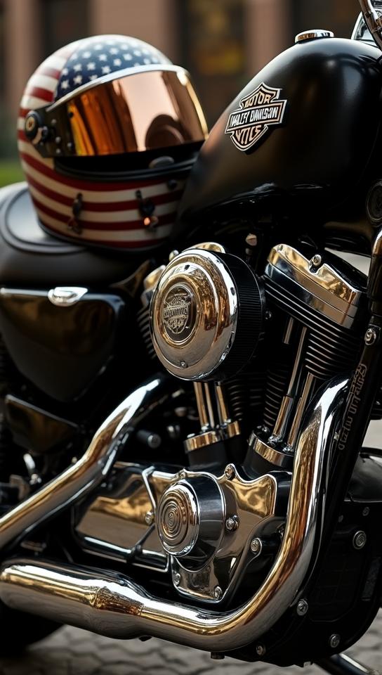 brass theme, A close up shot of a shiny, chrome Harley Davidson engine with the logo clearly visible, surrounded by detailed leather saddlebags and a helmet with a US flag paint job resting on the seat of a Sportster model