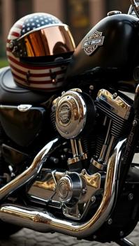 brass theme, A close up shot of a shiny, chrome Harley Davidson engine with the logo clearly visible, surrounded by detailed leather saddlebags and a helmet with a US flag paint job resting on the seat of a Sportster model