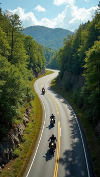 gold theme, A bird s eye view of a group of Harley Davidson motorcycles cruising down the winding roads of the Tail of the Dragon, with lush green forests and a clear blue sky as the backdrop