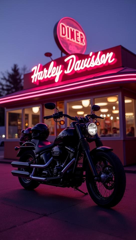lavender theme, A Harley Davidson Softail parked in front of a classic American diner at twilight, with the neon signs of the diner reflecting on the motorcycle s glossy, black paint and a couple of helmets resting on the seats