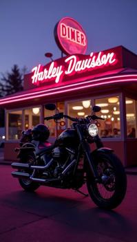 lavender theme, A Harley Davidson Softail parked in front of a classic American diner at twilight, with the neon signs of the diner reflecting on the motorcycle s glossy, black paint and a couple of helmets resting on the seats