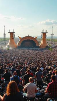 papaya whip theme, A panoramic view of the Sturgis Motorcycle Rally, with thousands of Harley Davidson bikes lined up in the foreground and a stage with live rock music performance in the background, surrounded by cheering bikers and spectators