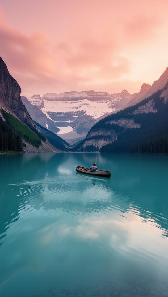 persimmon theme, A vibrant sunset over the turquoise waters of Lake Louise, with the rugged peaks of Banff National Park reflected perfectly on the mirror like surface, a lonely canoe gliding through the water