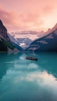 persimmon theme, A vibrant sunset over the turquoise waters of Lake Louise, with the rugged peaks of Banff National Park reflected perfectly on the mirror like surface, a lonely canoe gliding through the water