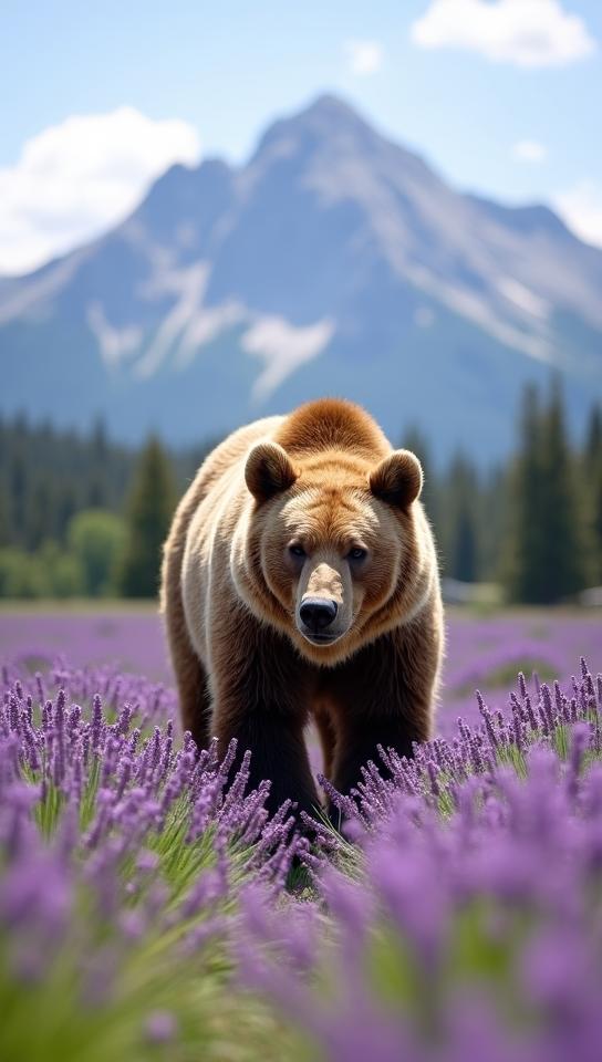 lavender theme, A close up of a majestic grizzly bear wandering through a field of wildflowers in Banff s sun kissed valley, with the iconic Mount Rundle standing tall in the background