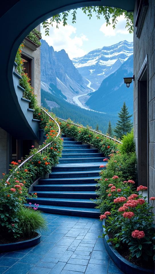 cobalt theme, The spiraling staircase of the historic Banff Springs Hotel, adorned with lush greenery and colorful flowers, leading to a grand vista of the Bow Valley