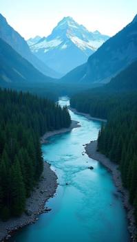 bondi blue theme, A bird s eye view of the winding Bow River flowing through the lush, evergreen forests of Banff, with the snow capped peaks of Sulphur Mountain towering in the distance