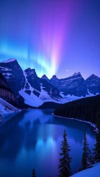 plum theme, The Northern Lights dancing over the jagged peaks of Banff s mountain range, with a serene, moonlit Peyto Lake nestled in the valley below