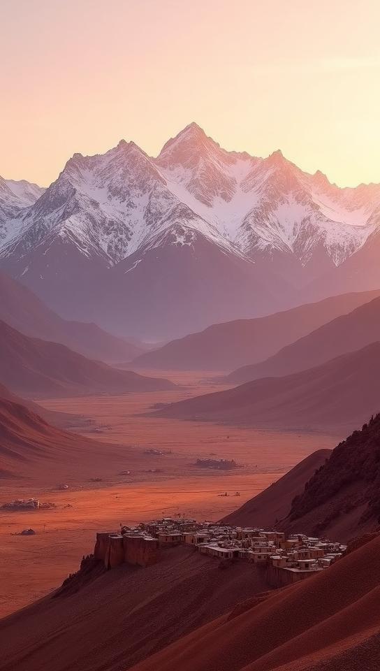 vermilion theme, A sprawling vista of the Atlas Mountains in Morocco at sunset, showcasing the stark contrast between the snow capped peaks and the warm, earthy tones of the surrounding landscape