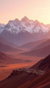 vermilion theme, A sprawling vista of the Atlas Mountains in Morocco at sunset, showcasing the stark contrast between the snow capped peaks and the warm, earthy tones of the surrounding landscape