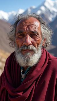 maroon theme, A close up of a weathered Moroccan elder from the Atlas Mountains, his face etched with wrinkles that tell stories of the mountains, wearing traditional Amazon clothing