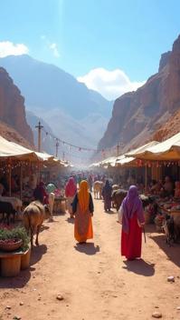 asparagus theme, A bustling market scene in the Atlas Mountains, where locals in vibrant traditional dress trade goods and livestock, surrounded by the stark beauty of the mountain range and clear blue skies