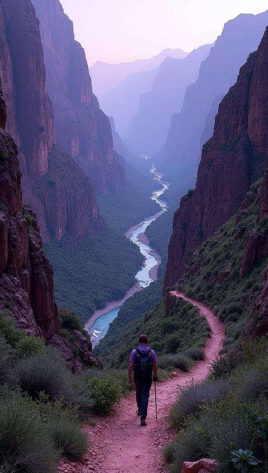 amethyst theme, A lone hiker traversing a narrow, winding path through the Atlas Mountains, with towering cliffs and verdant greenery on one side and a steep drop into the valley below