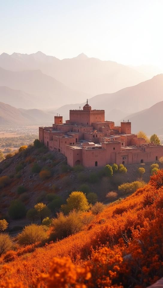 saffron theme, A panoramic view of a centuries old Kasbah perched atop a hill in the Atlas Mountains, with the fortified village blending seamlessly into the surrounding landscape, and the distant peaks shrouded in a mystical