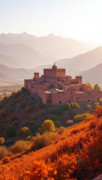 saffron theme, A panoramic view of a centuries old Kasbah perched atop a hill in the Atlas Mountains, with the fortified village blending seamlessly into the surrounding landscape, and the distant peaks shrouded in a mystical