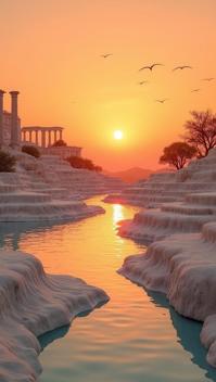 ochre theme, Create a stunning digital art of Turkey s Pamukkale Hierapolis at sunset, with the travertine terraces reflecting the warm hues of the setting sun, and the ancient ruins of Hierapolis in the background