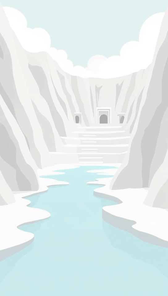 salmon theme, Design a minimalist poster featuring the cascading white travertines of Pamukkale, with the ancient theater of Hierapolis subtly integrated in the background, using a cool color palette and clean typography