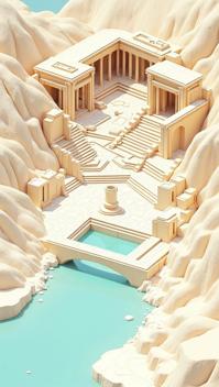 brass theme, Generate an isometric illustration of the ancient city of Hierapolis, with the Pamukkale travertines in the foreground, and the various ruins