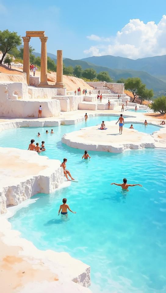 flax theme, Produce a vibrant, colorful painting of Pamukkale s thermal pools, with tourists enjoying the natural spa