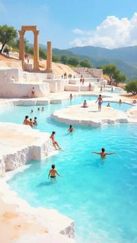 flax theme, Produce a vibrant, colorful painting of Pamukkale s thermal pools, with tourists enjoying the natural spa