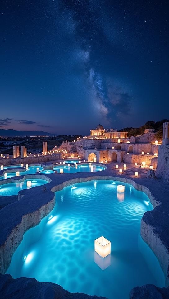 saffron theme, Create a surreal, dreamlike image of Pamukkale Hierapolis at night, with the travertines glowing with bioluminescence